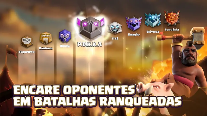 Fila de emblemas de ligas de Clash of Clans, de Esqueleto a Lendária, com P.E.K.K.A em destaque e um guerreiro montado num javali à direita