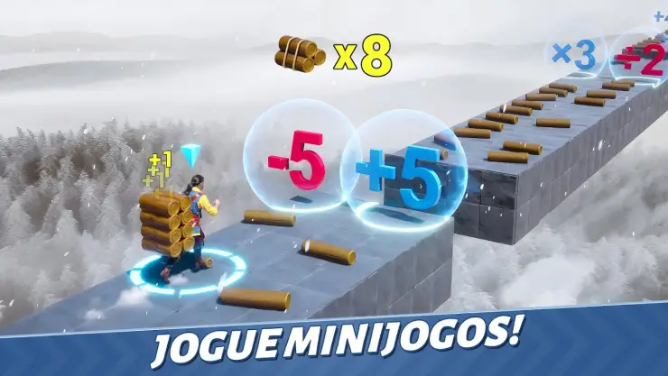 Personagem de Évony a carregar troncos numa ponte de pedra, entre bolhas de menos cinco e mais cinco, com um contador de oito troncos no topo