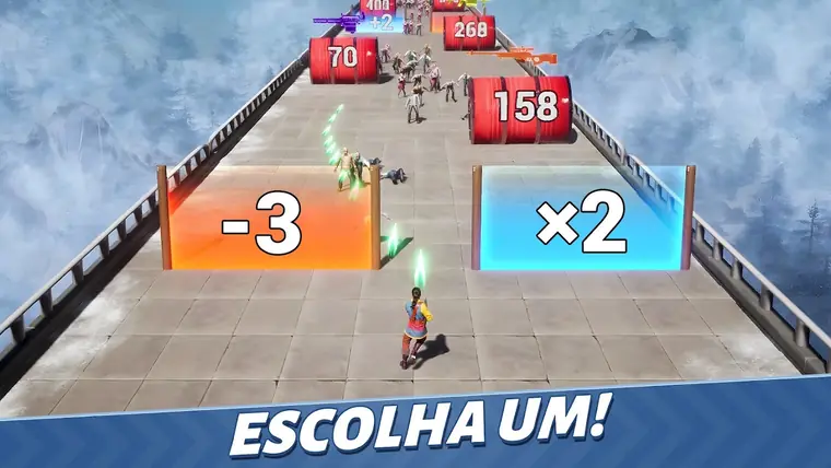 Ponte de pedra com neve em Évony, uma personagem diante de dois portões, um laranja com menos três e outro azul com vezes dois, e alvos numerados ao fundo