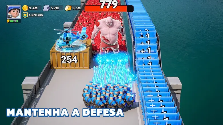 Ponte sobre o mar em Last War com um contentor marcado 254, blocos azuis de mais um e um gigante rosado com a barra de 779 pontos de vida