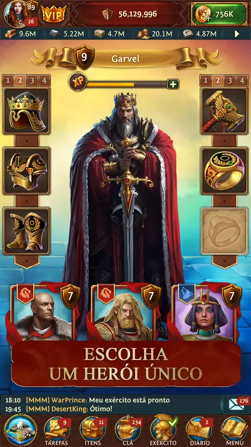 Ecrã de herói de Total Battle com o rei Garvel de manto vermelho, seis espaços de equipamento e três retratos de outros heróis por baixo