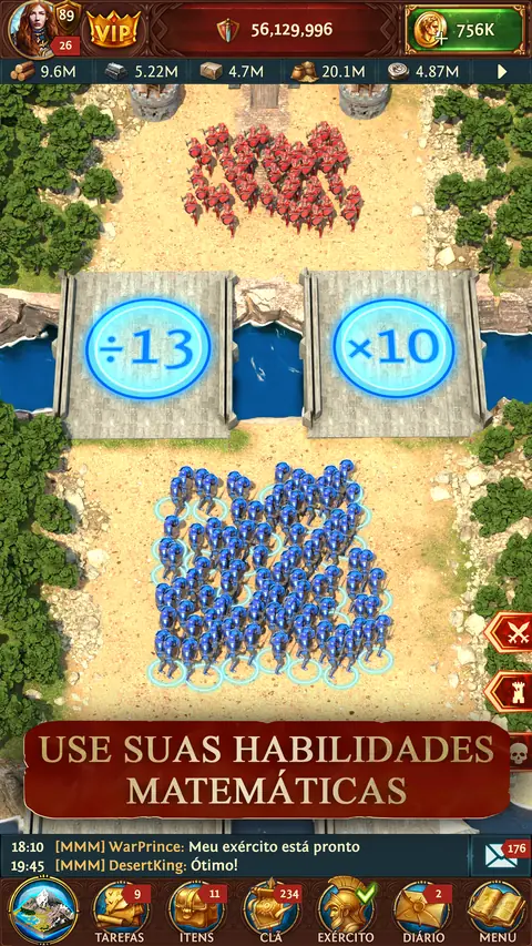 Exército azul em Total Battle diante de dois portões, um que divide por 13 e outro que multiplica por 10, com um exército vermelho à espera