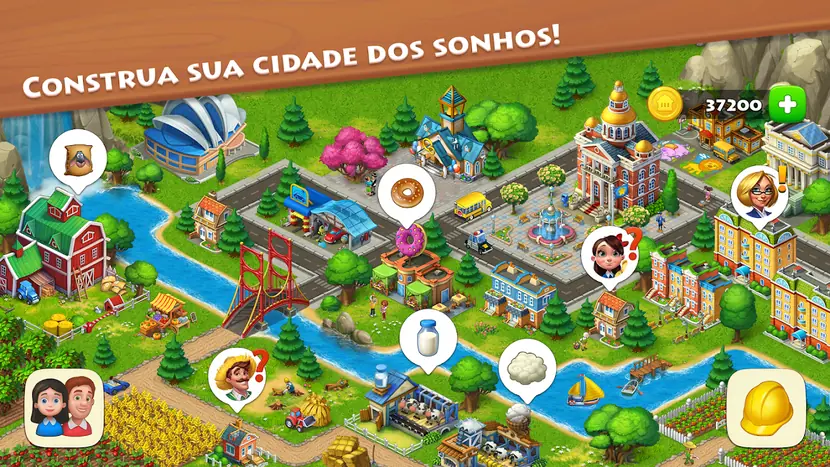 Vista de cima de uma cidade de Township com rio, pontes, estádio, fábricas e balões de pedidos sobre os edifícios, e 37200 moedas no canto