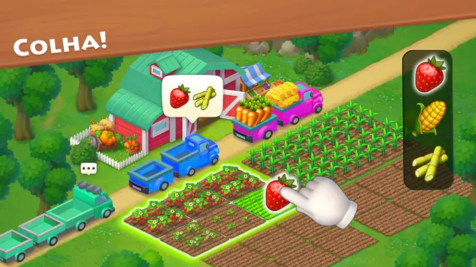 Quinta de Township com um dedo a colher morangos numa parcela e três produtos à direita, morango, milho e feijão