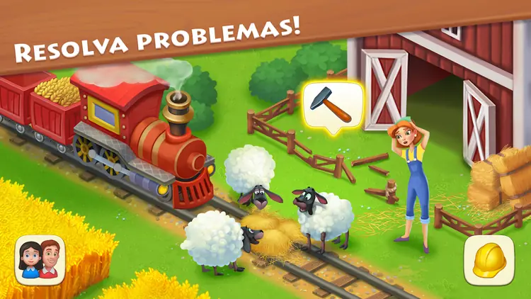 Agricultora de Township junto a um celeiro vermelho, com duas ovelhas a comer feno ao lado de um comboio e um balão com um martelo