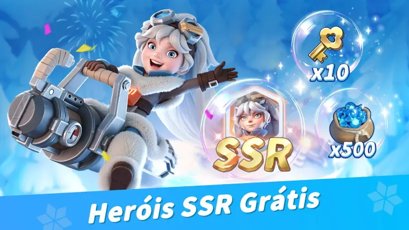 Heroína de cabelo branco de Whiteout Survival com um canhão ao ombro, um distintivo SSR e bolhas com uma chave vezes dez e um saco de gemas azuis vezes quinhentos